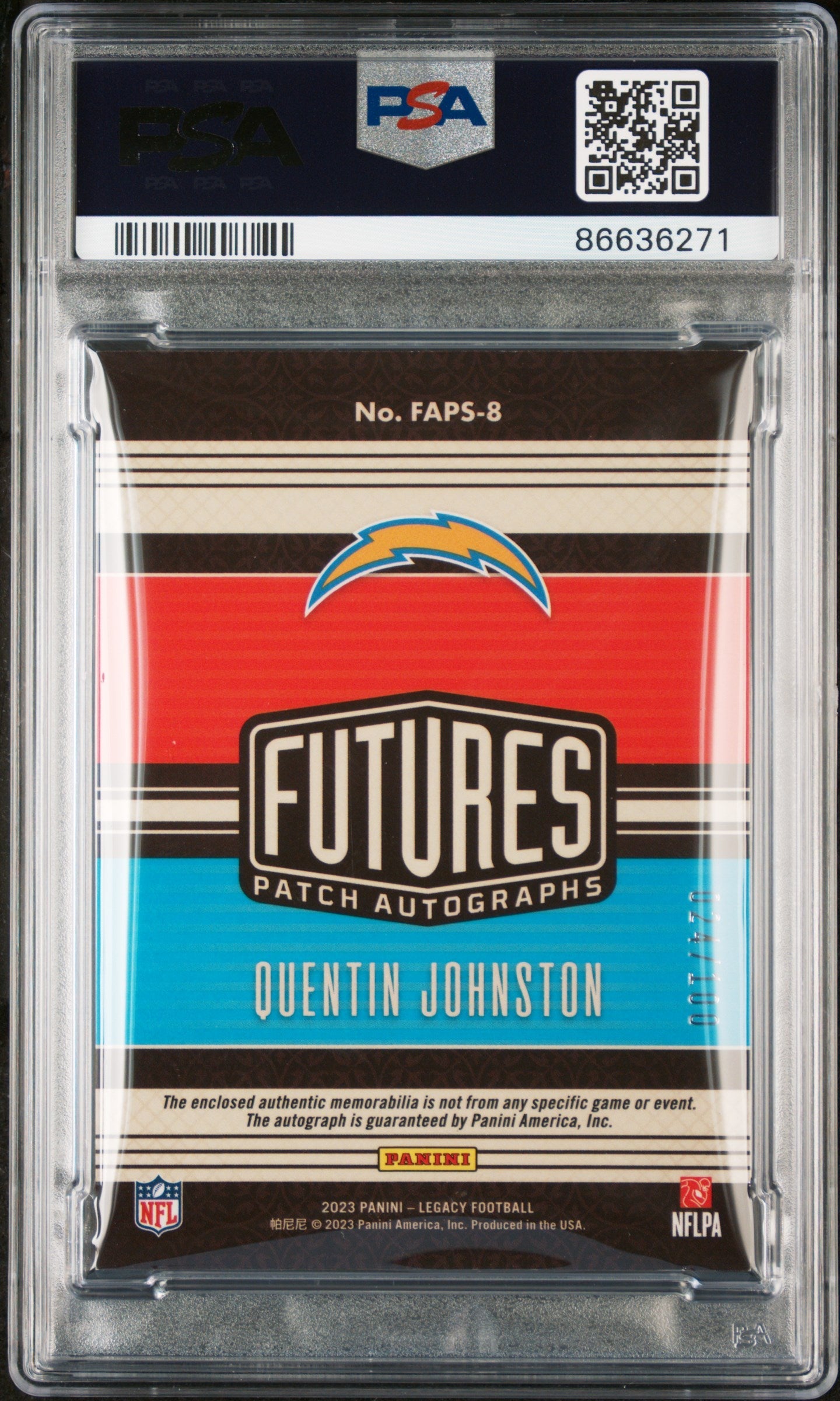 2023 PANINI LEGACY FUTURES PATCH AUTOGRAPH QUENTIN JOHNSTON FUTURES PAT AUTO-RUBY #FAPS8 - PSA 9 2